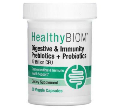 HealthyBiom, пребіотики й пробіотики для підтримки травлення й імунітету, 12 млрд КУО, 30 вегетаріанських капсул