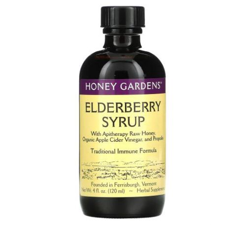 Honey Gardens, Elderberry Syrup with Apitherapy Raw Honey, Propolis and Elderberries, 4 fl oz (120 ml)