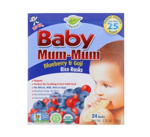 Hot Kid, Baby Mum-Mum, органічні рисові галети з лохиною і ягодами годжі, 24 галети, по 50 г (17,6 унцій)
