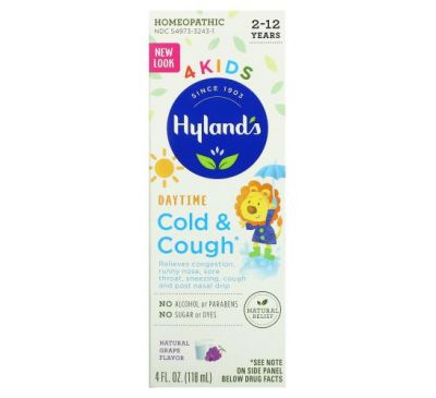 Hyland's, 4 Kids, засіб від застуди й кашлю для дітей віком 2–12 років, для прийому вдень, зі смаком винограду, 118 мл (4 рідк. унції)