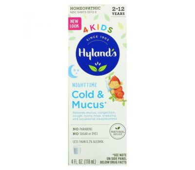 Hyland's, 4 Kids, средство от насморка и мокроты для детей от 2 до 12 лет, для приема вечером, 118 мл (4 жидк. унции)
