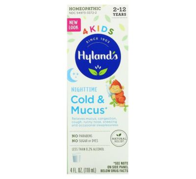 Hyland's, 4 Kids, засіб від застуди й слизу для дітей від 2 до 12 років, для прийому вночі, 118 мл (4 рідк. унції)