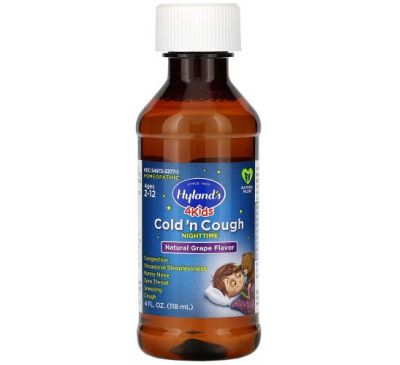 Hyland's, 4 Kids, Cold 'n Cough Nighttime, Ages 2-12, Natural Grape Flavor, 4 fl oz (118 ml)