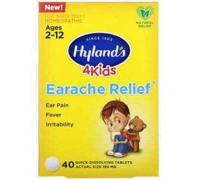 Hyland's, 4 Kids, Earache Relief, Ages 2-12, 40 Quick-Dissolving Tablets
