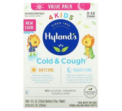 Hyland's, 4 Kids, засіб від застуди й мокротиння, для прийому в денний і нічний час, для дітей віком 2–12 років, 2 флакони по 118 мл (4 рідк. унції)