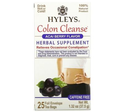 Hyleys Tea, Colon Cleanse, ягоды асаи, без кофеина, 25 чайных пакетиков в фольгированной упаковке, по 1,5 г (0,05 унции)