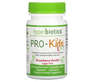 Hyperbiotics, PRO-Kids ENT, пробиотики для детей, без сахара, с клубничным и ванильным вкусом, 45 запатентованных жевательных таблеток LiveBac