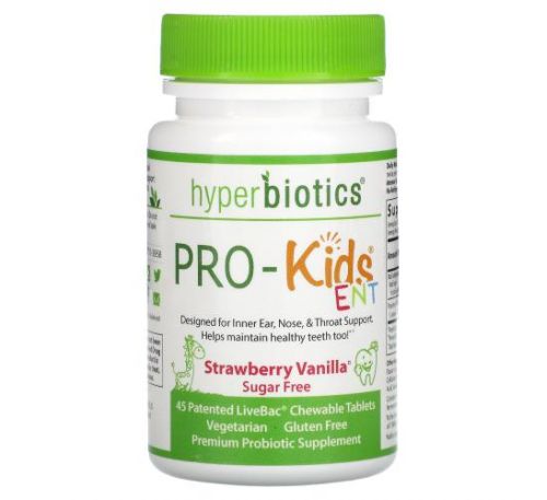 Hyperbiotics, PRO-Kids ENT, засіб для здоров’я внутрішнього вуха, носа й горла, без цукру, полуниця та ваніль, 45 запатентованих жувальних таблеток LiveBac