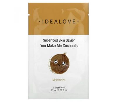 Idealove, Superfood Skin Savior, You Make Me Coconuts, 1 тканевая маска Beauty, 20 мл (0,68 жидк. Унции)