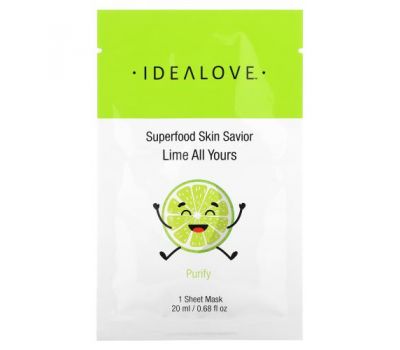 Idealove, маска для кожи с суперфудами, лайм, 1 тканевая маска, 20 мл (0,68 жидк. унции)