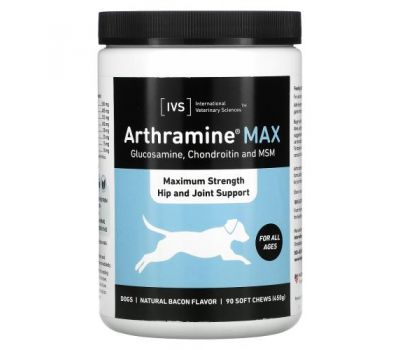 International Veterinary Sciences, Arthramine Max, Maximum Strength Hip And Joint Support, Dogs, Bacon, 90 Soft Chews