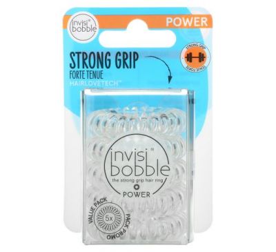 Invisibobble, Power, Strong Grip Hair Ring, Crystal Clear, 5 Pack
