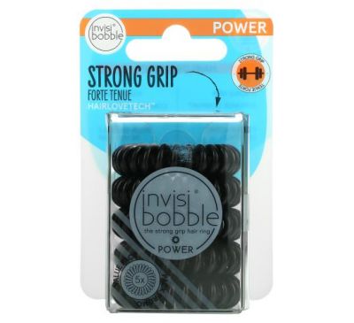 Invisibobble, Power, Strong Grip Hair Ring, True Black, 5 Pack