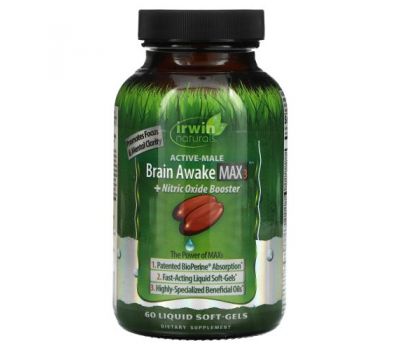Irwin Naturals, Brain Awake Max 3 + бустер с оксидом азота, 60 желатиновых капсул