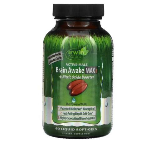 Irwin Naturals, Brain Awake Max 3 + Nitric Oxide Booster, 60 Liquid Soft-Gels