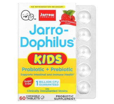 Jarrow Formulas, Jarro-Dophilus Kids, Probiotic + Prebiotic, Sugar Free, Natural Raspberry Flavor, 1 Billion Live Bacteria, 60 Chewable Tablets