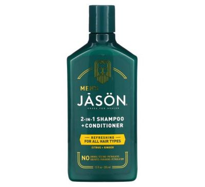Jason Natural, Men's, 2-In-1 Shampoo + Conditioner, All Hair Types, Citrus + Ginger, 12 fl oz (355 ml)