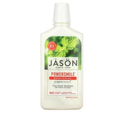Jason Natural, Powersmile, жидкость для полоскания рта с эффектом отбеливания, перечная мята, 473 мл (16 жидких унций)