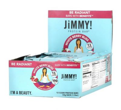 JiMMY!, Be Radiant Bars With Benefits, White Berry Bliss, 12 Protein Bars, 1.9 oz (54 g) Each