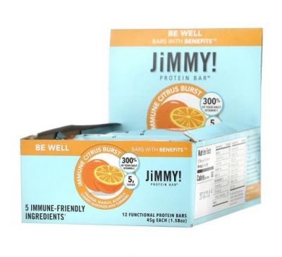 JiMMY!, Be Well Bars With Benefits, Immune Citrus Burst, 12 протеиновых батончиков, 45 г (1,58 унции)