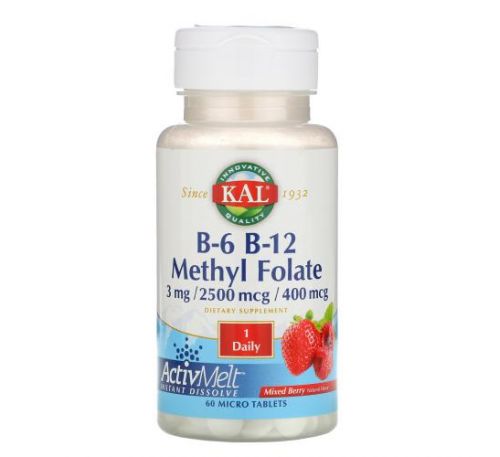 KAL, B-6 B-12 Methyl Folate, Mixed Berry, 3 mg / 2500 mcg / 400 mcg, 60 Micro Tablets