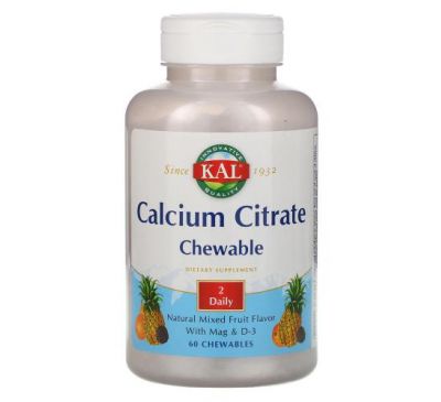 KAL, Calcium Citrate Chewable, Natural Mixed Fruit Flavor, 60 Chewables