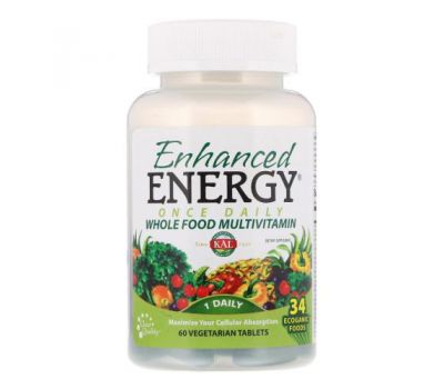 KAL, Enhanced Energy, мультивітаміни з цільних продуктів для вживання один раз на день, 60 вегетаріанських таблеток