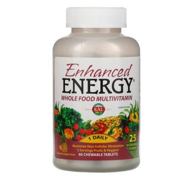 KAL, Enhanced Energy, мультивитамины из цельных продуктов, со вкусом манго и ананаса, 60 жевательных таблеток