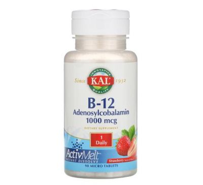 KAL, аденозилкобаламін ActivMelt із вітаміном B12, зі смаком полуниці, 1000 мкг, 90 мікротаблеток