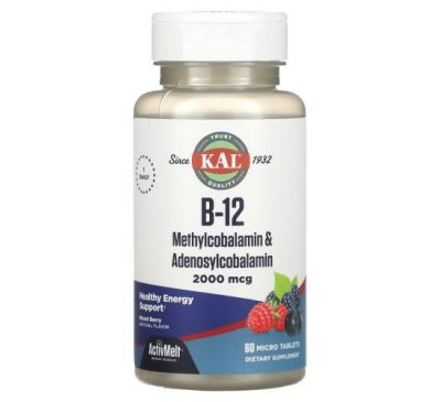 KAL, вітамін B12, метилкобаламін і аденозилкобаламін, з ягідним смаком, 2000 мкг, 60 мікротаблеток