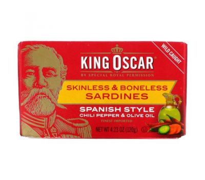 King Oscar, Skinless & Boneless Sardines, Spanish Style Chili Pepper & Olive Oil, 4.23 oz (120 g)