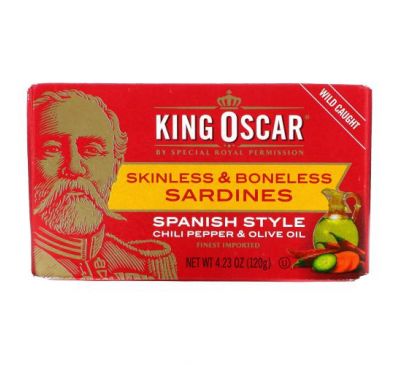 King Oscar, Сардины без кожи и без костей, перец чили и оливковое масло в испанском стиле, 120 г (4,23 унции)
