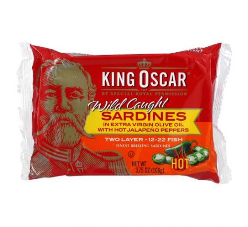 King Oscar, Wild Caught Sardine, In Extra Virgin Olive Oil with Hot Jalapeno Peppers, Hot, Two Layer, 3.75 oz (106 g)