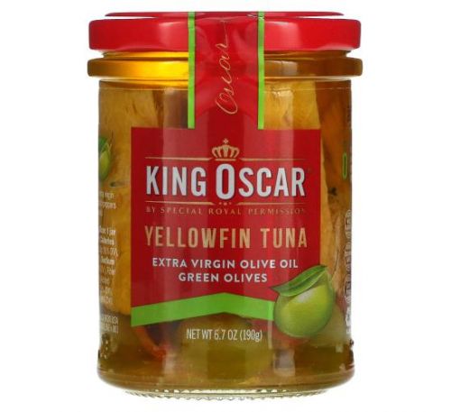 King Oscar, Yellowfin Tuna, Extra Virgin Olive Oil, Green Olives, 6.7 oz (190 g)