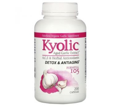 Kyolic, Aged Garlic Extract, Detox & Anti-Aging, Formula 105, 200 Capsules