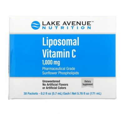 Lake Avenue Nutrition, ліпосомальний вітамін С, без підсолоджувачів, 1000 мг, 30 пакетів по 5,7 мл (0,2 унції)
