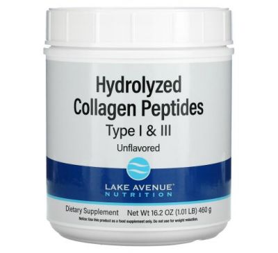 Lake Avenue Nutrition, пептиди гідролізованого колагену типів I і III, без смакових добавок, 460 г (1,01 унції)