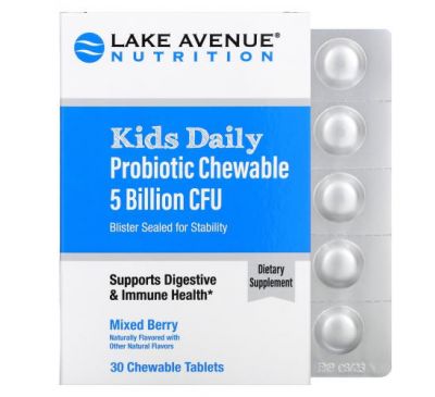 Lake Avenue Nutrition, пробіотик для дітей у вигляді жувальних таблеток для щоденного застосування, натуральний ягідний смак, 5 мільярдів КУО, 30 жувальних таблеток