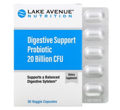 Lake Avenue Nutrition, пробіотик для підтримки травлення, суміш пробіотиків і пребіотиків, 20 млрд КУО, 30 рослинних капсул