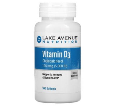 Lake Avenue Nutrition, вітамін D3, 125 мкг (5000 МО), 360 капсул