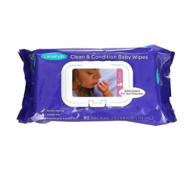 Lansinoh, Clean & Condition Baby Wipes, 80 Wipes, 7.9 x 6.9 in (20 x 17.5 cm)