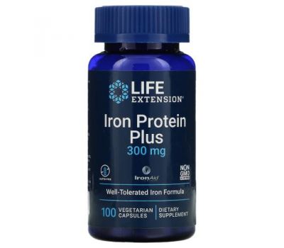 Life Extension, Iron Protein Plus, 300 мг, 100 вегетаріанських капсул