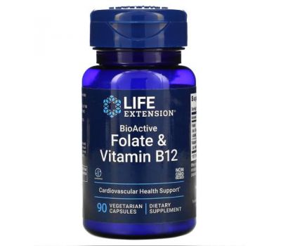 Life Extension, фолат і вітамін B12, біоактивні, 90 вегетаріанських капсул