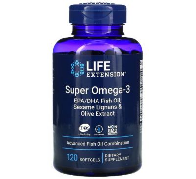 Life Extension, супер омега-3 з риб’ячого жиру з ЕПК та ДГК, з лігнаном кунжуту і екстрактом оливи, 120 капсул