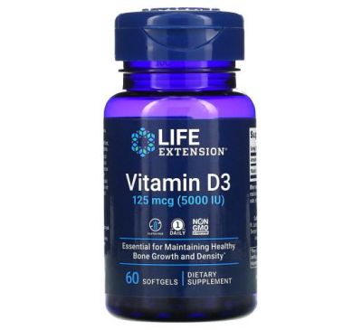Life Extension, вітамін D3, 125 мкг (5000 МО), 60 капсул