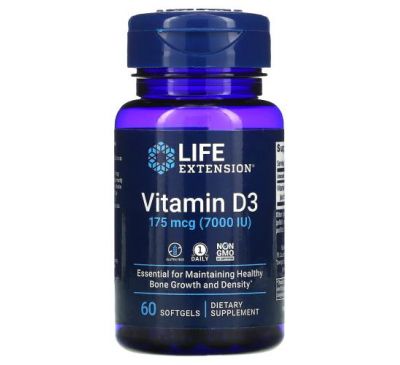Life Extension, вітамін D3, 175 мкг (7000 МО), 60 капсул