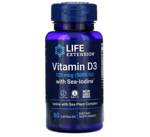 Life Extension, вітамін D3 з Sea-Iodine, 125 мкг (5000 МО), 60 капсул
