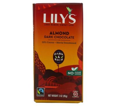 Lily's Sweets, 55% Cocoa Dark Chocolate Bar, Almond, 3 oz (85 g)
