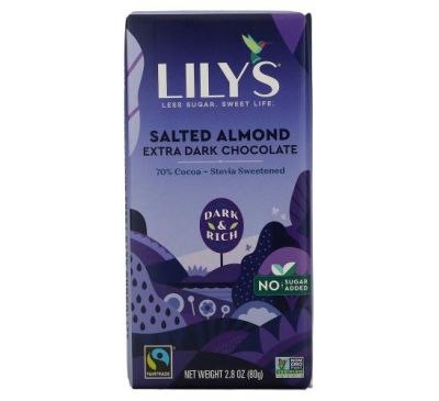 Lily's Sweets, Плитка экстра темного шоколада, соленый миндаль, 70% какао, 80 г (2,8 унции)