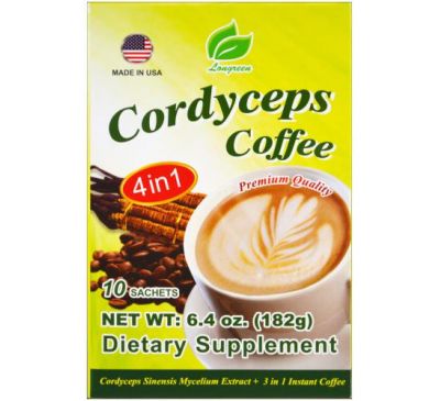 Longreen, 4 in 1 Cordyceps Coffee, 10 Sachets, 6.4 oz (182 g)